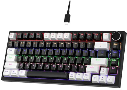 NEWMEN GM326 Mechanical Keyboard,Wired Gaming Keyboard,75 Percent TKL Hot Swappable Compact LED Backlit USB C Gaming Mechanical Keyboard with Knob for PC Win Mac,QWERTY Layout,White/Black,Red Switches