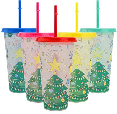Cretvestsar Christmas Color Changing Cups Santa Claus Reusable Drinking Plastic Cups Xmas Tree Iced Coffee Mug with Lids and Straws Christmas Party Magic Cold Drink Bottle (Xmas Tree)