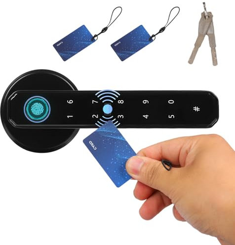 WSIKGHU Black Fingerprint Door Lock with Smart Door Handle Support Fingerprint, PIN, IC Card, Bluetooth and Key, Smart Door Handle Lock for Bedroom Front Door Home Office Apartment