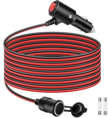 Thlevel Car Cigarette Lighter Extension Cord 16AWG Splitter Cable 12V Plug Socket with Switch 15A Fuse for Cars Trucks Motorhomes 3 Meter