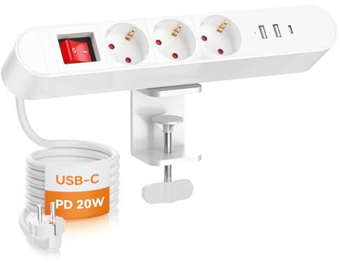 Enchufe de mesa con USB USB-C PD20W, 3 enchufes, regleta de escritorio con interruptor, cable de 2 m, enchufe de mesa para casa o oficina, 16 A/4000 W, color blanco