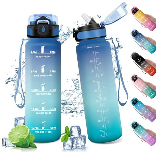 Gourde 1L, Gourde avec Paille, Bouteille de Motivation, Bouteille Sport Étanche, Bouteille Reutilisable, Gourde Marqueur de Temps, Bouteille d'eau pour Adulte, Randonnée, Sport, Fitness, Voyage