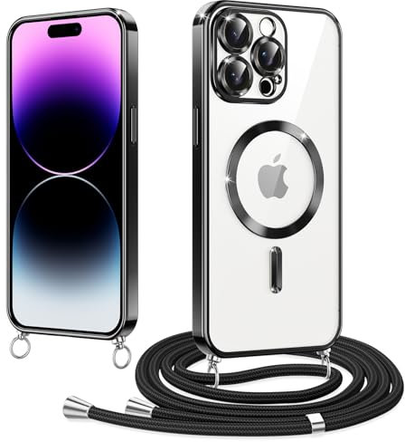Woijrly Magnetische Handyband mit Band für iPhone 14 Pro Hülle, [Kompatibel mit Magsafe] Handyhülle Case mit justierbarer Schnur Abnehmbar Strap, Crossbody Schutzhülle zum Umhängen Kordel, Schwarz