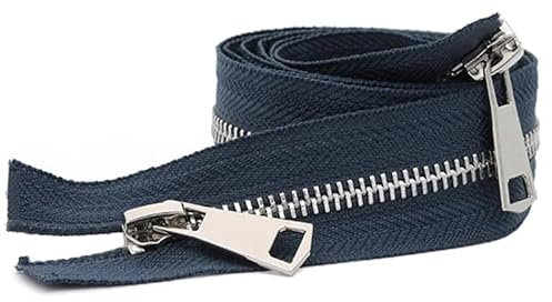 ZIPZSY #5 Cerniera per cappotto separato a doppia via, argento, metallo, per cappotti e pelle, artigianato da cucito, apertura a doppia cerniera (blu navy, 60 cm)