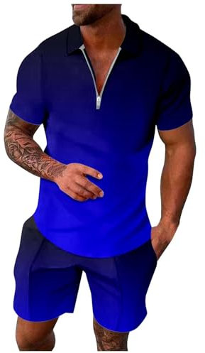 Generisch Men's 2-Piece Tracksuit, Summer Outfits, Short Sleeve, Casual, Zip, Sports Suit, Summer Clothing, Shirt and Shorts, Jogging Suit, Wetsuit, Blue 4, S