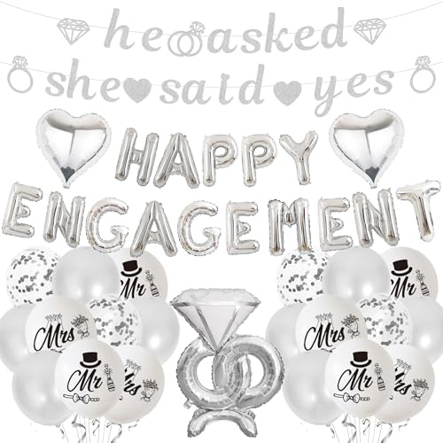 Engagement Party Dekorationen Banner Luftballons - Silber Engaged Dekoration Set mit Herz Folienballon, He Asked She Said Yes Banner Diamantring für Hochzeit Party Supplies