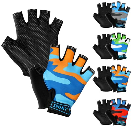 AMFUN Kinder Halbfinger Fahrradhandschuhe, Fingerlose Radsport Handschuhe für Kinder, rutschfest&Atmungsaktiv für Radfahren, Klettern, Skaten, Bootfahren (Camouflage Orange)