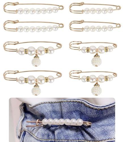 8 Stück Sicherheitsnadeln mit Faux Perlen, Broschen für Kleidung, Elegante Perlenbrosche, Taillenspanner Perlenbroschen Set, Dekorative Nadeln Brosche, für Kleidung Hosen Kleid Rock Pullover