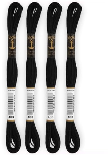 Anchor - Set di 4 matasse Stranded Cotton Mouliné | 100% cotone | Filo da ricamo, punto croce, tela | Colore nero | Rif 4635000-4EA_00403