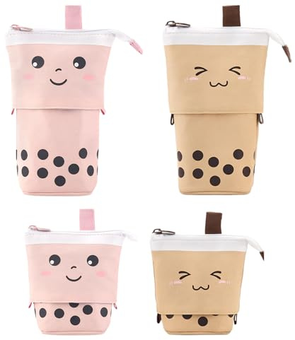 2 Pack Telescopic Pencil Case - Expandable Standing Stationery Holder with Zipper, Cartoon Large Capacity Cute Pen Organiser for School, Office & Makeup Essentials (Pink & Brown)