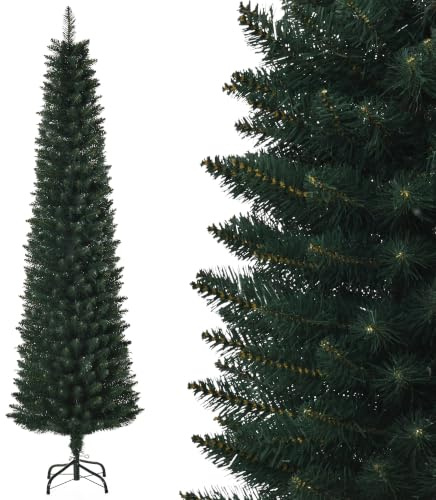 HOMCOM Sapin de Noël Artificiel 180 cm Fin et Haut Support Métal Vert | Arbre de Noël Slim, 380 Pointes de Branche, Pliable, Facile à Monter et Ranger, Maison Bureau