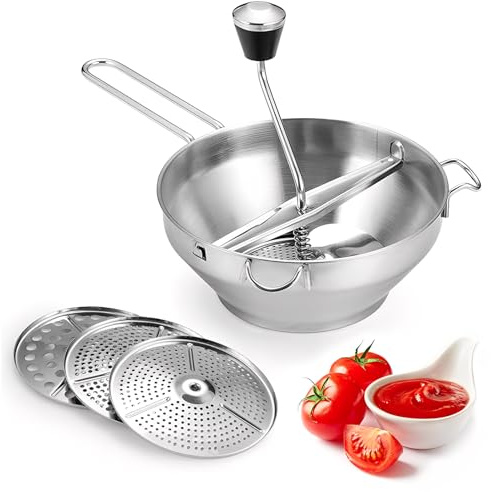 LICAEVEY Manual Food Mill, Stainless Steel 3 Grinding Plates - Rotary Food Masher for Tomato Sauce, Mashed Potatoes, Jams with Anti-Slip Handle