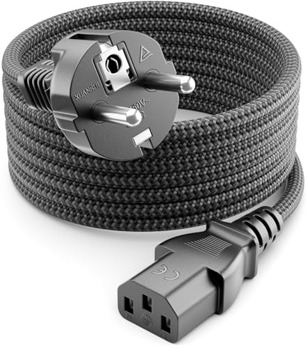 deleyCON 5m Cavo Alimentazione - Linea Nylon - Cavo Corrente Alimentazione 3 Poli Spina Tipo F a Presa C13 PC Computer Monitor Stampante Proiettore - Grigio
