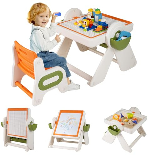 DREAMADE 9-in-1 multifunktionaler Kindertisch mit Stuhl, klappbare Kindersitzgruppe mit wendbarer Tischplatte, 2 Körben, Stifteschlitz & Bücherregal, Aktivitätstisch für Kinder ab 18 Monaten (Orange)
