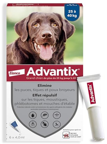 Advantix Grand Chien entre 25 et 40 kg – Pipettes pour chien contre 6 parasites – Traitement et protection pour votre chien pendant 4 semaines – 6 x 4,0 ml