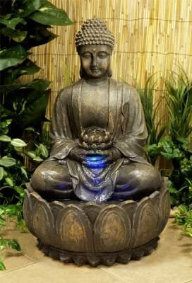 Primrose 57cm Bronze Effect Buddham with Blossoming Lotus Water Fountain with Cascading Self Contained Water Feature
