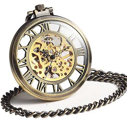 ManChDa Steampunk Mechanische Skelett-Taschenuhr, große Handaufzug, offenes Zifferblatt, für Herren