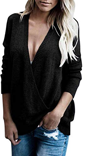 LAEMILIA Pulls Femme Long Chaud Cache-cœur Col en V Profond Basique Uni Top Haut Printemps Automne Tunique Manches Longues