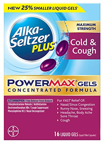 Alka Seltzer Plus Maximum Strength PowerMax Cold and Cough Medicine,Liquid Gels for adults with Pain Reliever, Fever Reducer, Cough Suppressant and Nasal Decongestant, 16 count