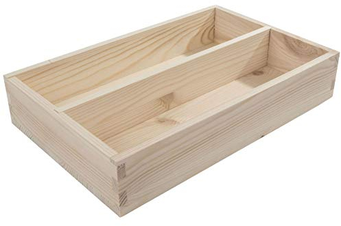 Kleiner Besteckkasten aus Holz mit 2 Fächern, 26 x 17 x 5 cm, Tisch-Präsentationsbox, Ordnungs-Organizer, zwei Fächer, natürliches unbemaltes Holz.