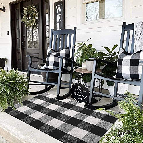 Ailsan Buffalo Plaid Check Outdoor Rug Doormat 24'' x 35'' Cotton Woven Black/White Welcome Rugs Carpet Washable Checkered Rugs Runner for Kitchen Porch Entryway Farmhouse Layered Door Mats