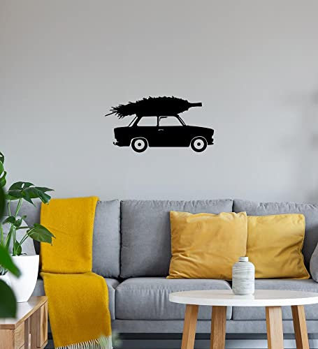 Trabant mit Weihnachtsbaum Wandtattoo Schwarz Aufkleber 87 x 45 cm
