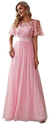 Ever-Pretty Damen Rundhalsausschnitt Kurze Ärmel Pailletten Tüll Elegant Maxi Festliches Kleider Rosa 44