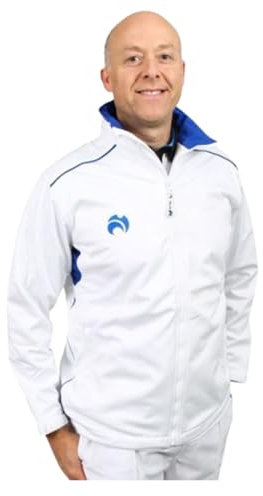 Henselite Mens Lawn Bowling Full Zip Fleece Jacket-Color White with Blue Trims Size L