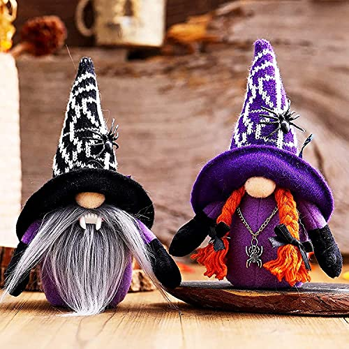 KEAIDO 2pcs Halloween Dekoration GNOME Ornament, Vampir Hexe Fangs Zauberer Spinnenhut Plüsch gesichtslose Puppe Trick Treat schwedische Tomte Filz Elf Tisch Party Festival handgefertigt lila schwarz