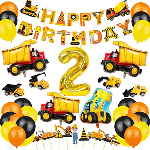 KABAHTOY 2nd Birthday Decorations for Boy, Construction Party Supplies, Digger Banner, Dump Truck and Digger Balloons, Cake Toppers, Orange Black Yellow Latex Balloons, Excavator Truck Bulldozer Crane