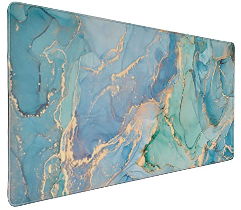 Tapis de souris en marbre 89,9 x 39,9 cm XXL bleu aqua sarcelle or impression artistique abstraite grand tapis de souris de bureau complet étendu grand base en caoutchouc antidérapant grand tapis de