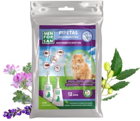 MENFORSAN Pack con 12 Pipetas Anti-Insectos para Gatos, con Margosa, Geraniol y Lavandino, Bolsa autocierre