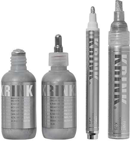 Krink Silver 4-Pc Marker Set - Multi-Surface Graffiti Markers with Alcohol-Based Paint - K-60 Mop, K-66 Ball-Point, K-42 Bullet-Tip, K-75 Chisel-Tip