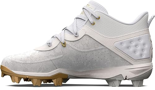 Under Armour Men's Harper 8 Mid Rm Baseball Shoe, (100) White/White/Metallic Gold, 12 UK