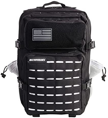 ELITRAINX Mochila Táctica 45L V2 Repelente al Agua – Oxford 1000D, Cabina Avión y Viaje, Gimnasio y CrossTraining, Compartimento Portátil y Zapatillas, Cremallera Impermeable (Negro Blanco 2.0)