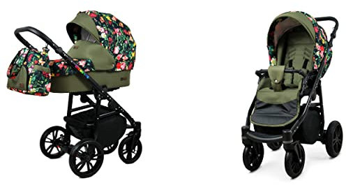 BabyLux Color Lux 2-in-1 Baby Kinderwagen Tief und Kinderwagen mit Zubehör Verstellbar und faltbar Aluminiumkonstruktion Wasserdichte Nicht abnehmbare Räder Roses With Tulips On Black Black Frame