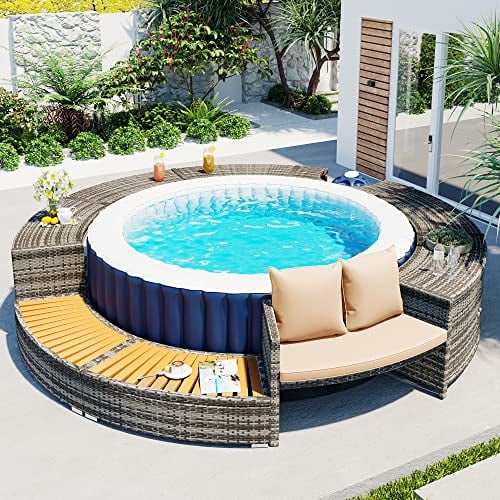 KecDuey Set di mobili da giardino, bordo con vano portaoggetti e sedile per vasca idromassaggio spa, bordo piscina polyrattan grigio legno duro rotondo acciaio verniciato a polvere, 283cm