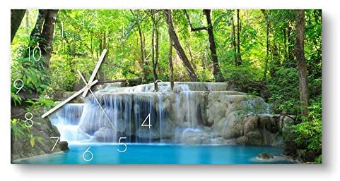 DEQORI Glasuhr | vertikal 60x30 cm | Motiv Exotischer Wasserfall | große XXL Design Uhr aus Glas | leise Wanduhr für Wohnzimmer & Küche | Moderne Hingucker Uhr für die Wand