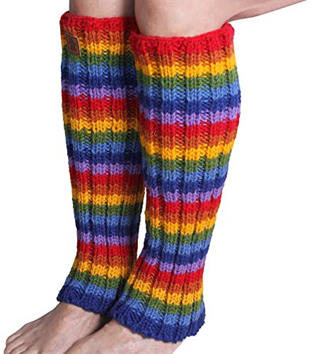 Pachamama Women 100% Wool Legwarmer Handknitted Rainbow Colours Stripe Multicoloured Regular Fit Handmade Extra Warm