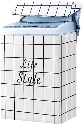 Odot Funda Lavadora de Carga Superior Funda, Lavadora Impermeable Proteccion Solar Exterior Impermeable con Cremallera para Lavadora y Secadora de Carga Superior (M-53x90x55cm,Cuadros Blancos)