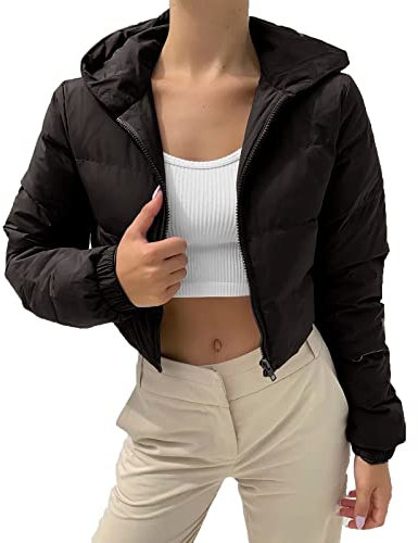 BiCophy Womens Winter Long Sleeve Zip Up Cropped Puffer Down Jackets Padding Warm Baggy Loose Quilted Short Down Hooded Coat with Pockets Black