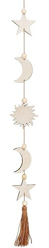 CREATCABIN Luna Estrella Colgante de Pared Decoración de Madera Bohemio Arte de la Pared Decoraciones Luna Guirnalda Adornos Colgante con Cuentas de Borla de Trigo para el Hogar Dormitorio Sala 77 cm