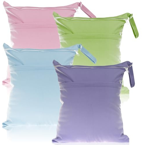 4 Stück Wetbag, Wasserdichte Windeltasche Wet Bag Kindergarten Große Wickeltasche Wiederverwendbare Nassbeutel mit Reißverschluss für Baby Reisen Unterwegs(Sky Blue + Grass Green + Purple + Pink)