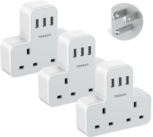 UK to US Plug Adapter with 3 USB Ports, TESSAN 2 Way Grounded USA Travel Adapter, Double Plug Adaptor from UK to America, Canada, Thailand, Mexico, Canada, Thailand, Cuba(Type B), 3 Pack