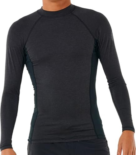 RIP CURL Mens Dawn Patrol Performance UPF Long Sleeve Rash Vest Top - Black Marled - UV Sun Protection and SPF