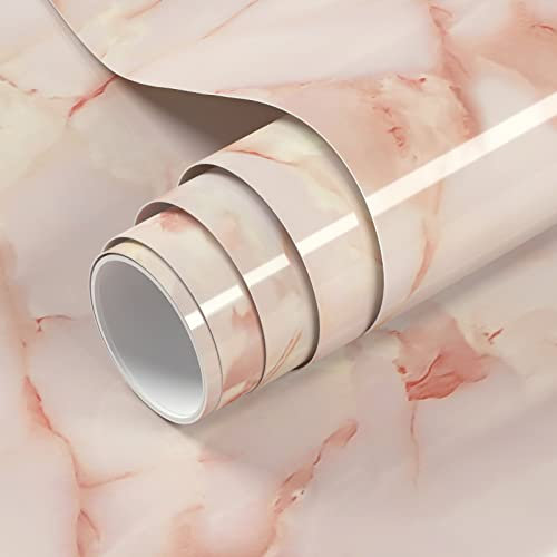 VOLEAAR 90CM x 500CM Light Pink Marble Contact Paper Peel and Stick Wallpaper Marble Look Wall Paper Vinyl Removable Waterproof for Backsplash Bathroom Bedroom