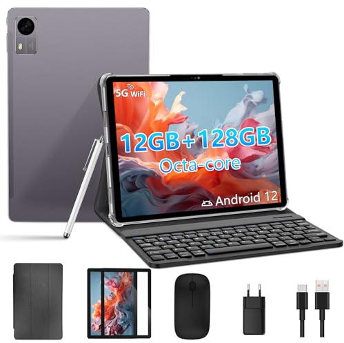 Tablet 10 Pollici, Android 12 Tablet PC, 12GB RAM+128GB ROM (TF 1TB), 5G+2.4G WiFi Octa-Core 2.0 GHz Batterie 6000mAh, Doppia Camera, Bluetooth 5.0, Tabelt con Tastiera e Mouse, Custodia (Nero)