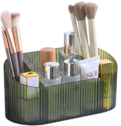 DASITON Makeup Organiser, 5 Slots Makeup Brush Holder Storage Cup, Vintage Striped Make Up Brush Holder Cosmetic and Skincare Organiser for Dressing Table, Vanity, Bathroom, Desktop (Green)
