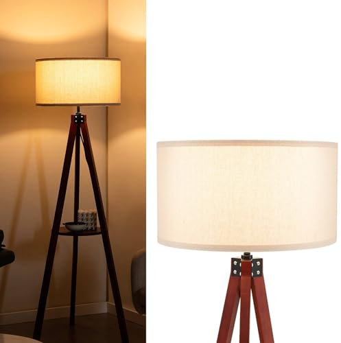 GiantexUK Tripod Floor Lamp with Shelf, Rubber Wood Frame Standing Corner Lamp with Linen Fabric Lampshade, E27 Socket & Foot Switch, Modern Reading Light for Bedroom Living Room Office