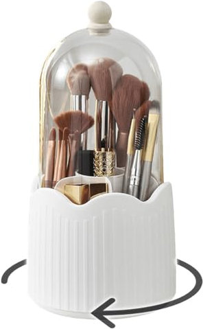 White Makeup Brush Holder 360° - Rotating High Capacity Acrylic Make Up Brush Organiser Cup with Dustproof Lid 24cm 7201